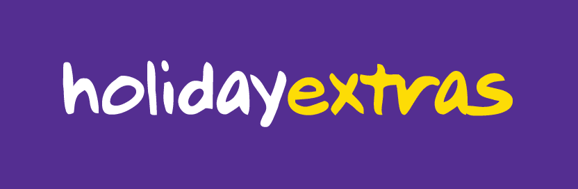 lower case white and yellow text on a rectangular purple background. The words 'holiday extras' is written within the purple rectange