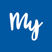 blue square logo with white writing spelling out 'My'